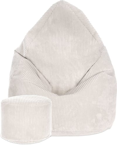 DreamRoots Zitzak voor Volwassenen of Kinderen – Corduroy Beanbag met Voetsteun en Afneembare Hoes – Inclusief Vulling – 80x80x120 cm – White Dove
