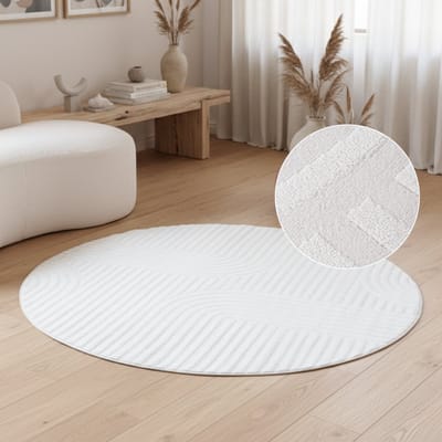 TAPISO Hygge Rond Vloerkleed Crème-Wit Modern Laagpolig 3D Geometrisch Ontwerp Woonkamer Tapijt Duurzaam, Slijtvast & Makkelijk te Reinigen OEKO-TEX - 120x120