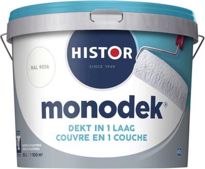 Histor Monodek – Muurverf Binnen Mat – Dekt in 1 Laag – Afwasbaar – Geurarm en Oplosmiddelvrij – Met Ultra Dense Technology voor Extra Dekkracht – Voor Binnen – RAL 9016 – 10L
