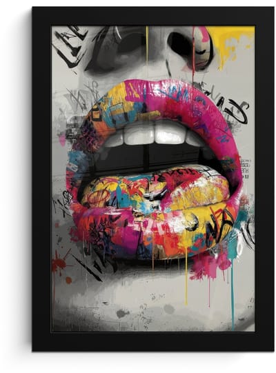 Poster in lijst - Fotolijst 20x30 cm - Posters - Lippen - Graffiti - Expressief - Posterlijst zwart - Decoratie - Wanddecoratie woonkamer - Muurdecoratie slaapkamer