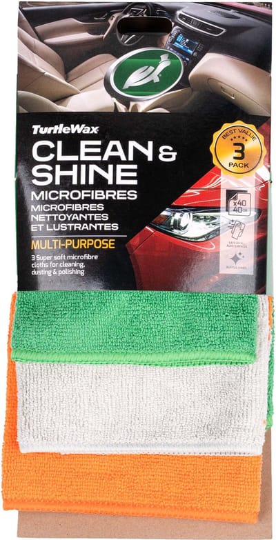 Turtle Wax Clean & Shine Microfibres - Mix van polyester en polyamide - Verwijdert veilig polishes, wax, coatings en sealants - Voor alle blanke lakoppervlakken - Machinewasbaar - 3 stuks - 40x60cm