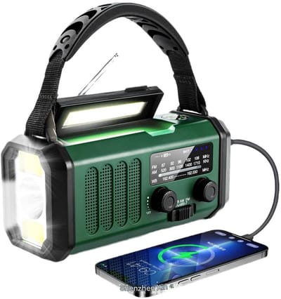 GELLDG Handbediende radio - uitgerust met een oplaadbare batterij van 10.000 mAh - draagbaar - radio op zonne-energie - met AM/FM-radio, powerbank, LED-kampeerlamp, SOS-alarm, kompas - groen