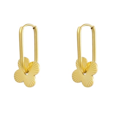 Joy Ibiza - rechthoek ovale oorbellen - klaver bedel - klap scharnier oorringen ovaal - stainless steel - ip/pvd goldplated
