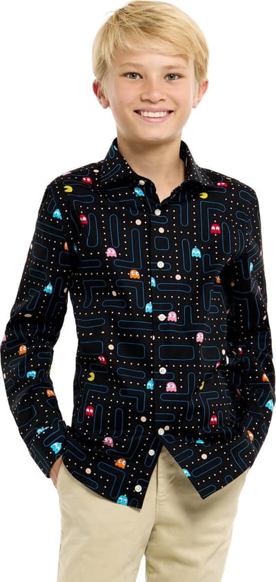 OppoSuits Lange Mouwen Overhemd PAC-MAN Teen Boys - Tiener Overhemd - Carnavalskleding - Casual Gaming PAC-MAN Shirt- Zwart - Maat EU 158/164