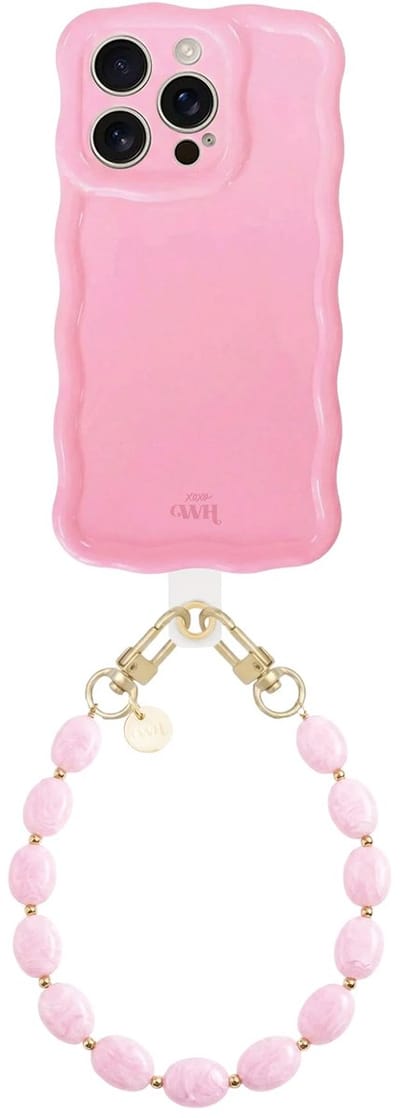 xoxo Wildhearts Glossy Wavy Case Bubble Blush - Ocean Blush (kort koord) - geschikt voor iPhone 16 Pro Max - hoesje met telefoonkoord - afneembaar koord - Kralenketting - kort telefoonkoord - hoesje met golven - Roze