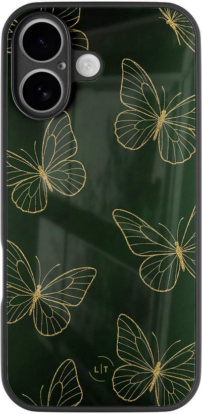 Hoesje geschikt voor iPhone 16 - Emerald butterflies - Luxe Glazen Hardcase - Hippe print - Groen, Goud - Leuke Telefoonhoesjes