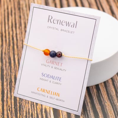 Bixorp "Renewal" Cadeau Armband - Vernieuwing - Edelsteen Armbandje op kaartje - Granaat, Sodaliet & Carneool
