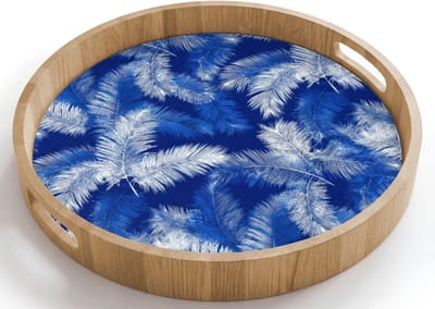 Dienblad rond 40x40 cm - Schootdienblad hout - Palmblad - Patroon - Blauw - Borrelplank rechthoek - Plateau houten dienbladen