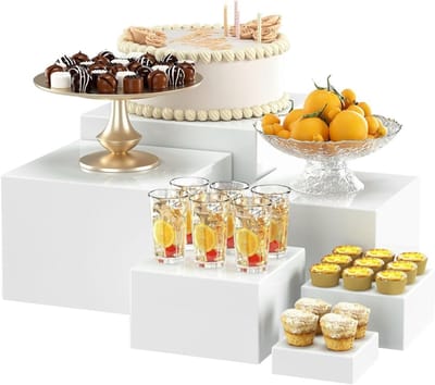 Set van 6 witte acryl voedseldisplay standaards met holle onderkant voor buffettafel, bruiloften en feesten