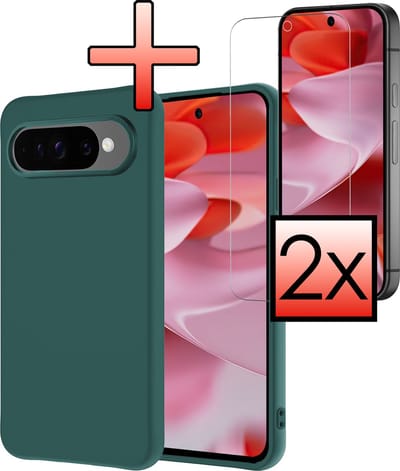 Hoesje - Met 2x Screenprotector - Geschikt voor Google Pixel 9 Pro - Sterk & Shockproof - Back Cover - Siliconen Case - Telefoon Hoes - Donkergroen