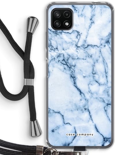 Case Company® - Hoesje met koord geschikt voor Samsung Galaxy A22 5G hoesje met Koord - Blauw marmer - Telefoonhoesje met Zwart Koord - Bescherming aan alle Kanten en Over de Schermrand