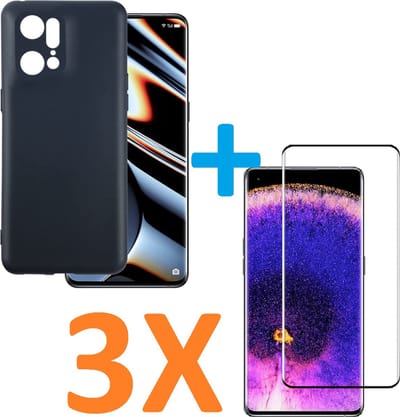 Soft TPU Zwart hoesje Silicone Case + 3 stuk Full Glas Screenprotector Geschikt voor: Oppo Find X5 pro