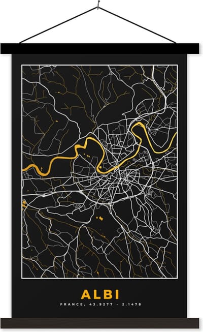 Posterhanger incl. Poster 40x60 cm - Schoolplaat - Kaart - Frankrijk - Stadskaart - Plattegrond - Albi - Textielposter - Zwarte latten - Stadskaart