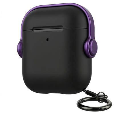 Zwart met paars hoesje voor oordopjes heren dames met sleutelring en koord geschikt voor AirPods 4 minimalistisch hardcase beschermhoes