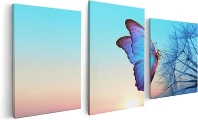 Artaza Canvas Schilderij Drieluik Blauwe Vlinder Bij Paardenbloemen  - 120x60 - Foto Op Canvas - Canvas Print