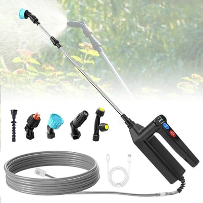 Draadloze elektrische drukspuit voor planten, 8 m bereik, 5 spuitmonden, 3 instelbare niveaus en batterij-indicator, oplaadbare USB, ideaal voor tuin, gazon en terras.