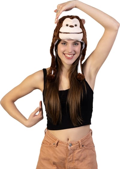 KIMU® Muts Flappen Aap Donkerbruin - Laplander met Oortjes Bruin Aapje - Bontmuts Kinderen of Volwassenen met Klein Hoofd - Monkey Flapmuts Pluche Kindermuts Festival