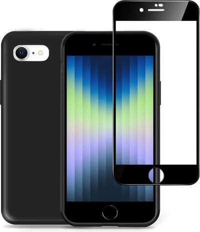 Geschikt voor iPhone SE 2022 Hoesje + Screenprotector – Full Cover Gehard Glas – Suède Back Cover Case Zwart
