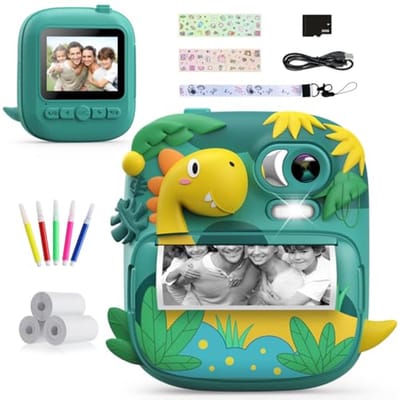 Kindercamera Instant Print met 2,4 Inch Scherm - Dinosaurussen Camera voor Kinderen met 32GB Kaart, Perfect Kerst- en Verjaardagscadeau voor Jongens en Meisjes van 3-12 Jaar