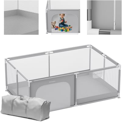 Tulano - Cozy 22 - Grondbox / baby box / kinderbox – 120x180 cm – voor binnen en buiten – grijs/wit – ademend gaas – EN71-gecertificeerd – 6 tot 36 maanden