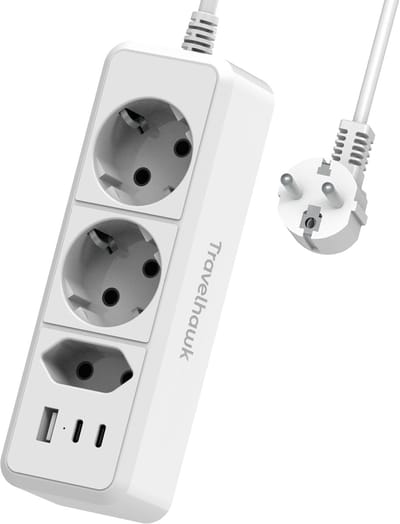 Travelhawk Verlengsnoer - Stekkerdoos - 1.5m Verlengkabel - Met 1x USB-A en 2x USB-C - Verdeeldoos - Horizontaal - Wit