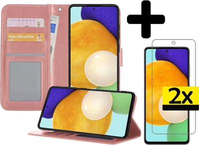 Hoesje - Met 2x Screenprotector - Geschikt voor Samsung Galaxy A52 5G - Luxe Pasjeshouder - Bookcase Portemonee - Flip Case - Kunstleer Book Case - Flipcase Hoes - Book Cover - Walletcase - Portemonneehoes - Telefoonhoesjes - Rosé goud