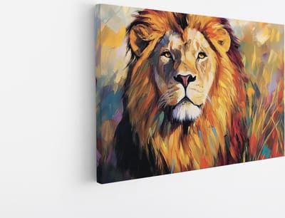 Saammp Canvas Schilderij - Abstracte Leeuw - Kleurrijk - Penseelstreken - Dieren - Natuur - 45x30 - Foto op canvas - Wanddecoratie - Muurdecoratie Woonkamer - Slaapkamer decoratie - Canvas Print