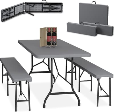 biertafel set - 3-delig - 180 cm - inklapbaar - kunststof en staal - camping - grijs