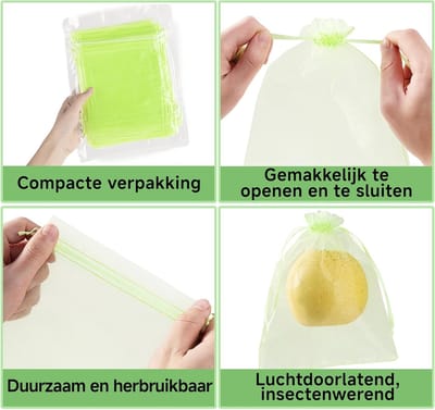 50 stuks - Fruithoezen - Organza Zakjes - Netzakken van 20 x 30 cm - Insectennet - Insectengaas tegen koolvliegen en andere - Fruitbeschermzakken - Netzakken met trekkoord - Voor het kweken van fruit, bloemen en groenten - Groen