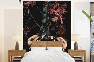 Behang - Fotobehang Tijger - Vlinder - Bloemen - Breedte 160 cm x hoogte 220 cm