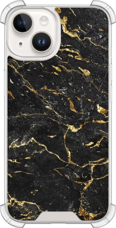 Shockproof hoesje - Geschikt voor iPhone 14 - Marmer zwart goud - Extra sterke case - TPU/polycarbonaat - Marmer - Goud, Transparant