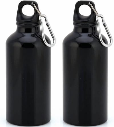Aluminium waterfles/drinkfles - 2x - met schroefdop en karabijnhaak - zwart - 400 ml - Sportfles - Bidon