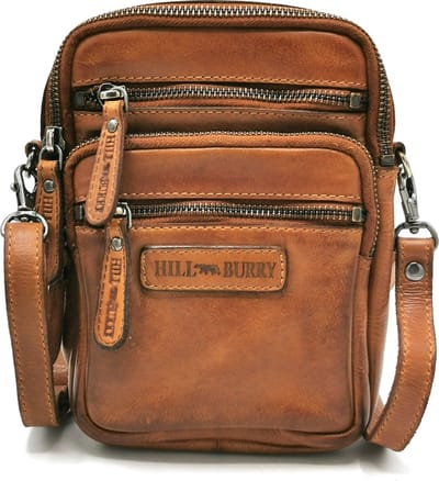 Hillburry Leren Crossbody tas met Ritsvakjes - Cognac - Klein Formaat - Ideaal voor op Vakantie - (bxhxd) ca. 14cm x 19cm x 3cm