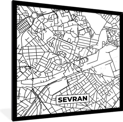 Fotolijst incl. Poster Zwart Wit- Plattegrond - Kaart - Frankrijk - Stadskaart - Sevran - Zwart wit - 40x40 cm - Posterlijst