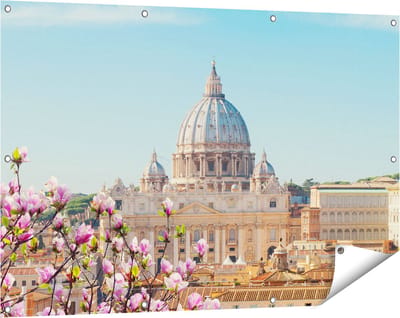 Gards Tuinposter Sint Pietersbasiliek in Rome met Bloemen - 120x80 cm - Tuindoek - Tuindecoratie - Wanddecoratie buiten - Tuinschilderij
