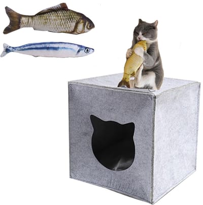 kattenmand met speelgoed, kattenbed om te slapen, te verbergen, spelen en krabben, 33 x 33 x 37 cm, voor IKEA & Kallax planken, met visspeelgoed, kattenkruidspeelgoed