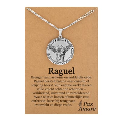 Aartsengel Raguël Ketting op Cadeau Kaartje - Zilverkleurig - Beschermengel Talisman / Medalion - Engelen Hanger - 60cm