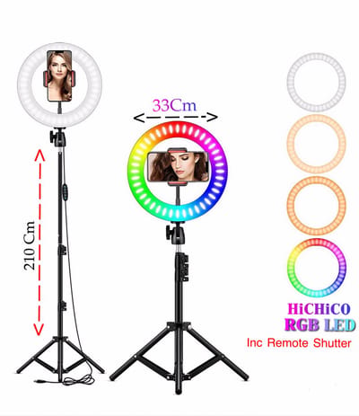 Selfie LED Ring Lamp met Kleuren 26Cm / RGB LED + Statief Tripod Camera 210 CM hoog Inclusief Bluetooth afstandsbediening en Telefoonhouder Smartphone – HiCHiCO