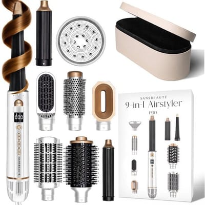 Sansbeauté® 9-in-1 Airstyler met Diffuser en Opbergdoos - Multistyler - Hairwrap - Föhnborstel Kort Haar - Haarkruller - Haarstyler - Haardroger - Warmteborstel - Krulborstel - Krultang - Haarstijler - Stijlborstel - 5 in 1 Hairstyler