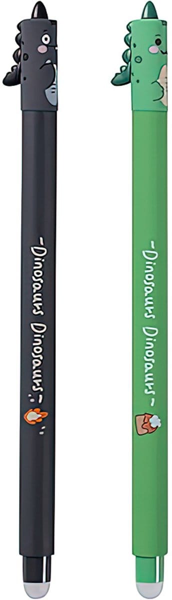 Ainy - Schattige Dino Uitwisbare Pen set 2 stuks | Blauwe inkt | Unieke kawaii diertjes design uitgumbare pennen voor etui of pennenzak | ideale teken balpennen cadeauset voor kinderen en volwassenen