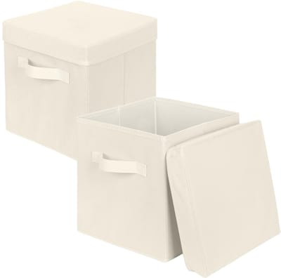 powerking Opbergdoos, opvouwbare opbergemmer van stof, 2 verpakkingen met deksel, lade voor kleding en speelgoedopslag, 27 x 27 x 28 cm, beige