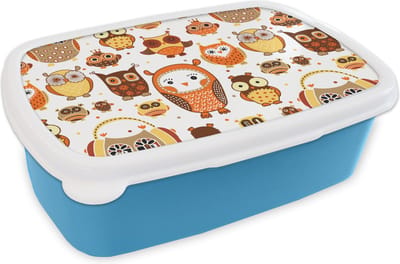 Broodtrommel Blauw - Lunchbox - Brooddoos - Meisjes - Uil - Oranje - Patronen - Girl - Kind - Kinderen - 18x12x6 cm - Kinderen - Jongen