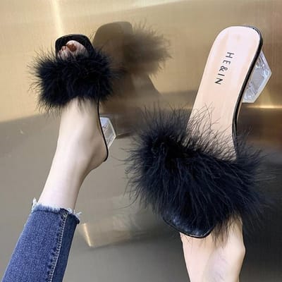 Dames Bont Pantoffels Dikke Luxe Middelhoge Hak Schoenen Dames Vierkante Neus Sandalen Lente Zomer Nieuwe Casual Dames Slippers 41 zwart