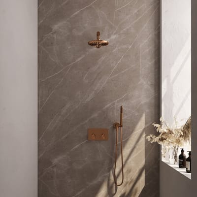 Brauer Copper Edition thermostatische inbouw regendouche met drukknoppen SET 49 met 20 cm douchekop en rechte muurarm en staaf handdouche en doucheslang en wandaansluitbocht koper geborsteld PVD