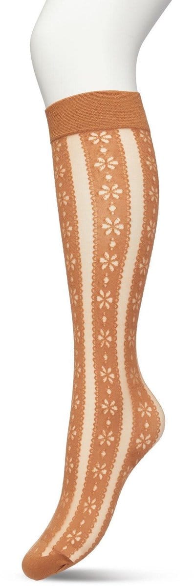Bonnie Doon Dames Bloemen Panty Kniekousen Licht Bruin maat 36/42 - Knie Kousen 50 denier - Gebloemd - Bloemen Print - Uitstekend draagcomfort - Flower Stripe Knee High - Kniesokken - Zakt niet af - OEKO-TEX - Bruin - Beige - Macaroon - BP221804.275