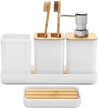Famanu - Badkamer accessoires set, 5 stuks badkamer accessoire geschenkset, zeepdispenser, zeepschaal, tandenborstelhouder, tandenborstelbeker, make-uplade, Boho, moderne badkamerdecoratie (wit)