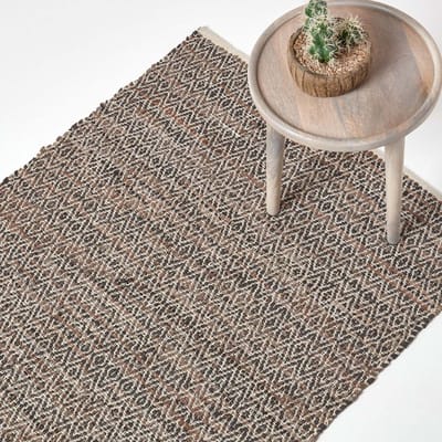 Homescapes Bruin handgeweven leren vloerkleed met ruitpatroon 90 x 150 cm