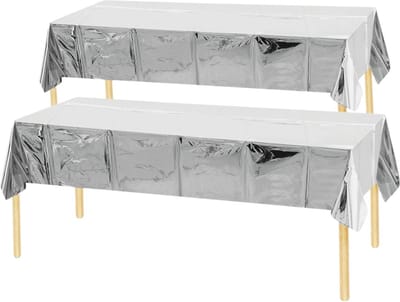 2x Tafelkleed Laken Verjaardag Versiering Tafeldecoratie Feest Glansend Zilver Tafellaken Plastic Tafelzeil 183*137cm