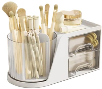 Make-Up Organizer - Draaibare bureau-opbergdoos - Multifunctionele pennenhouder - Meerdere compartimenten - Dubbele lade - Opbergdoos voor het opbergen van make-upkwasten, pennen en cosmetica op het bureau - Wit