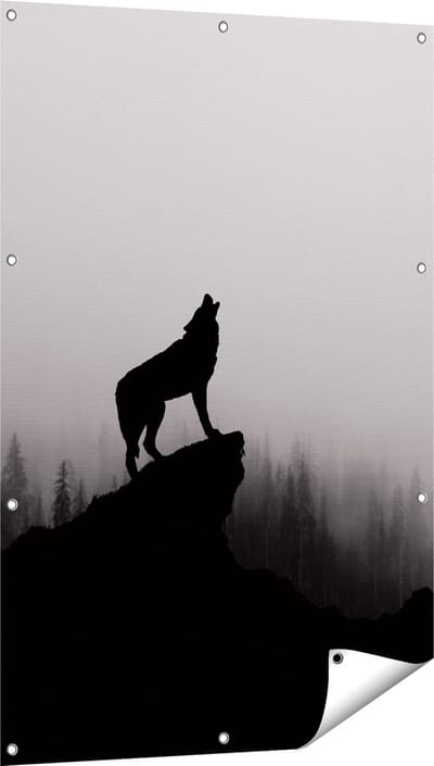 Gards Tuinposter Silhouet van een Huilende Wolf - Abstract - 80x120 cm - Tuindoek - Tuindecoratie - Wanddecoratie buiten - Tuinschilderij